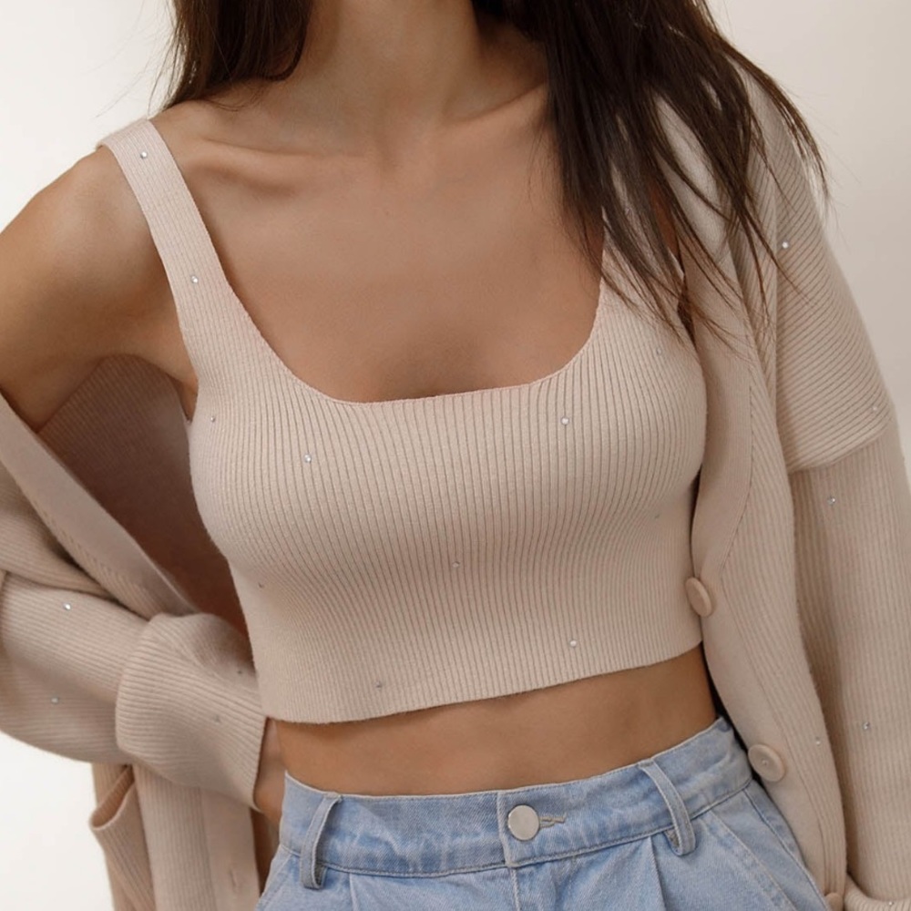 Lichi Rhinestone Embellished Ribbed Knit Top